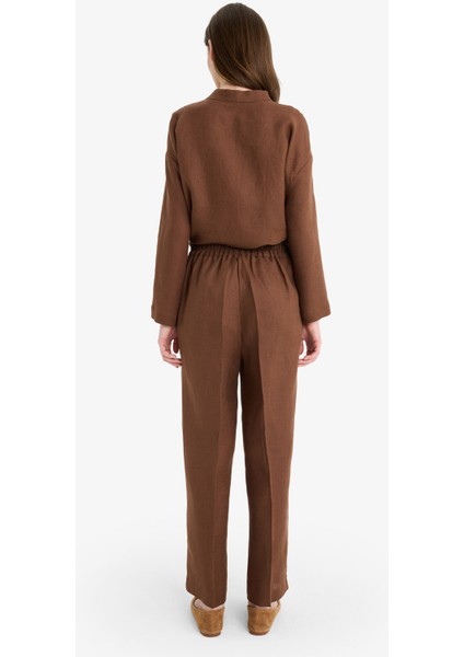 %100 Keten Straight Fit Beli Lastikli Cepli Pantolon D4388AX25SM