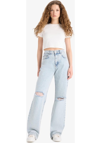 Straight Wide Yırtık Detaylı Yüksek Bel Uzun Jean Yıkamalı Pantolon E8016AX25SM