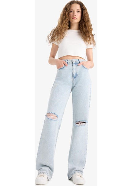 Straight Wide Yırtık Detaylı Yüksek Bel Uzun Jean Yıkamalı Pantolon E8016AX25SM fiyatları