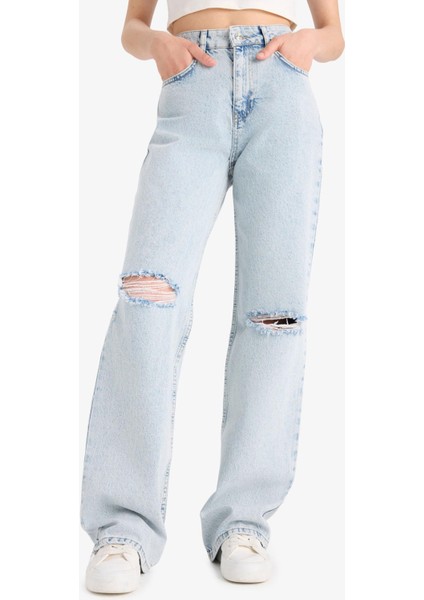 Straight Wide Yırtık Detaylı Yüksek Bel Uzun Jean Yıkamalı Pantolon E8016AX25SM fırsatları