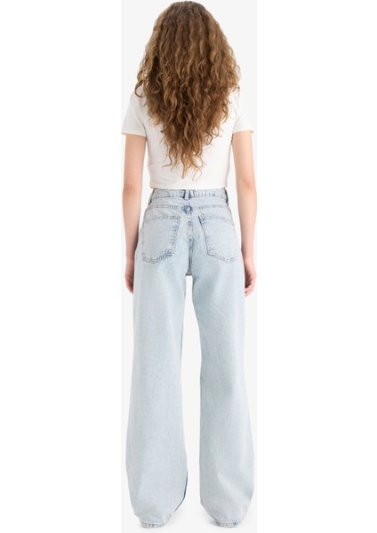 Straight Wide Yırtık Detaylı Yüksek Bel Uzun Jean Yıkamalı Pantolon E8016AX25SM
