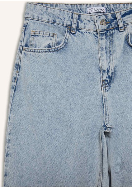 Straight Wide Yırtık Detaylı Yüksek Bel Uzun Jean Yıkamalı Pantolon E8016AX25SM