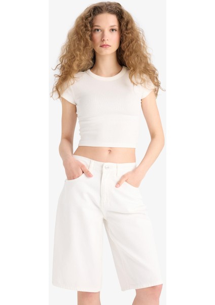 Yüksek Bel Beyaz Jean Bermuda Şort E4087AX25SM fiyatları