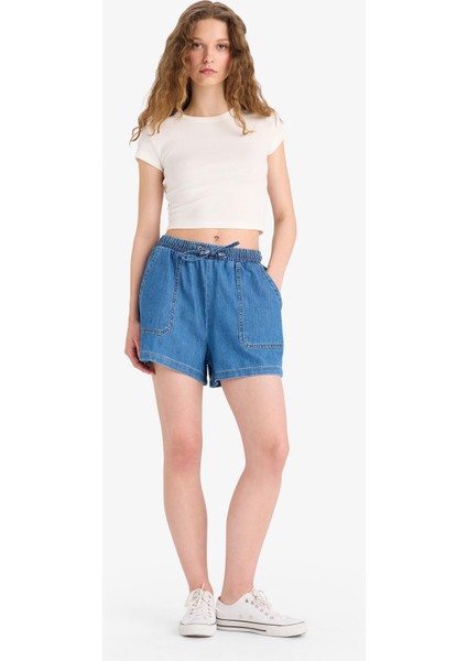 Yüksek Bel Beli Lastikli Bağcıklı Yumuşak Jean Şort E0958AX25SM modelleri