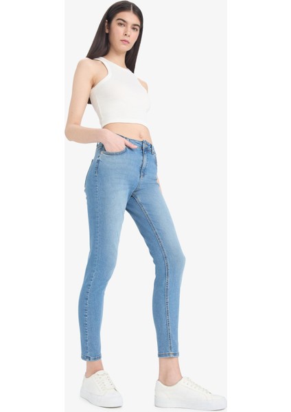 Skinny Fit Yüksek Bel Düz Paça Uzun Jean Taş Yıkama Pantolon D8189AX25SP