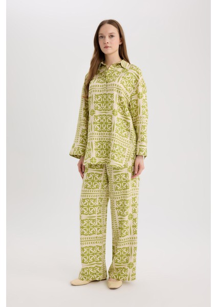 Wide Leg Desenli Beli Lastikli Keten Karışımlı Geniş Paça Pantolon D8188AX25SP modelleri