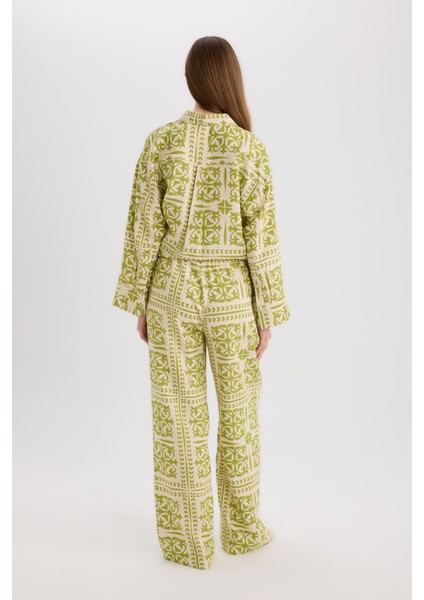 Wide Leg Desenli Beli Lastikli Keten Karışımlı Geniş Paça Pantolon D8188AX25SP