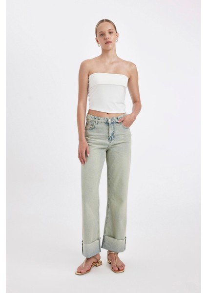 Straight Fit Yüksek Bel Katlamalı Paça Bilek Boy Jean Yıkamalı Pantolon D2965AX24HS modelleri