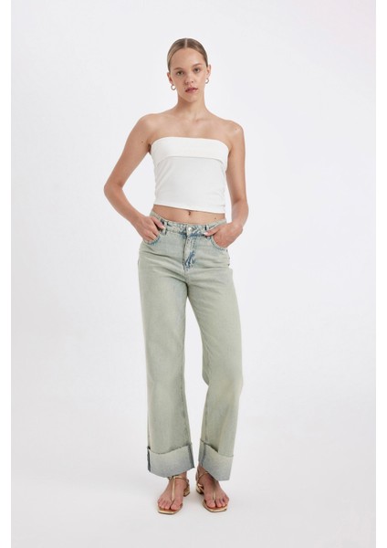 Straight Fit Yüksek Bel Katlamalı Paça Bilek Boy Jean Yıkamalı Pantolon D2965AX24HS fırsatları