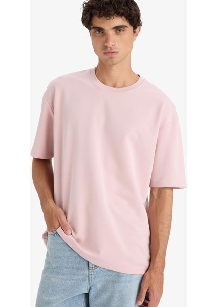 Oversize Geniş Kalıp Ütü Gerektirmeyen Bisiklet Yaka Kısa Kollu Basic Düz Ağır Kumaş Tişört X3926AZ25SP