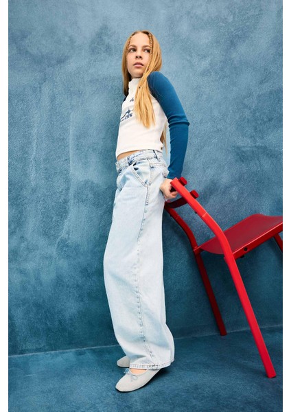 Kız Çocuk Baggy Fit Geniş Paça Jean Pantolon E9833A825AU