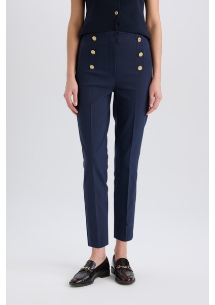 Skinny Fit Yüksek Bel Cepli Düğmeli Düz Paça Kumaş Pantolon E5431AX25SP