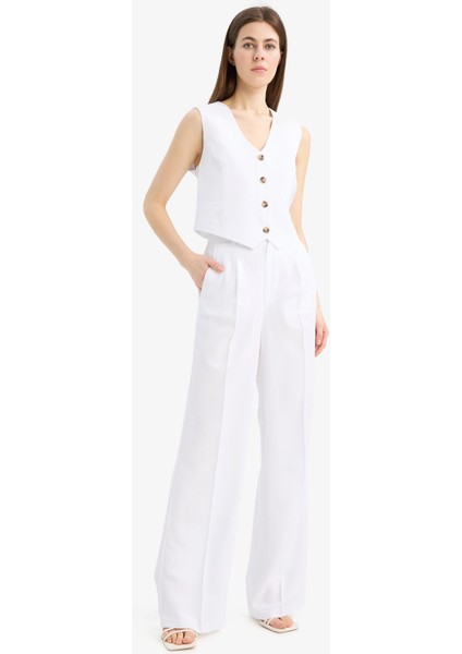Wide Leg Keten Karışımlı Palazzo Pantolon Yüksek Bel Geniş Bol Paça Pensli Cepli A1922AX25SM fırsatları