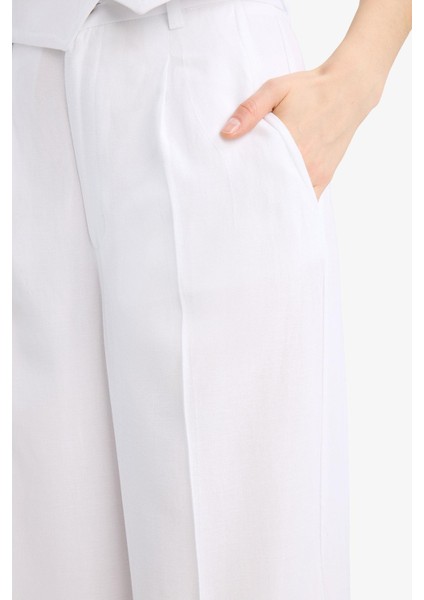 Wide Leg Keten Karışımlı Palazzo Pantolon Yüksek Bel Geniş Bol Paça Pensli Cepli A1922AX25SM