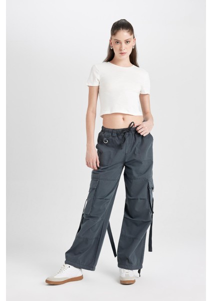 Coool Wide Leg Gabardin Pantolon Geniş Paça Normal Bel Basic Düz Bağcıklı Kargo Cepli B1205AX24AU