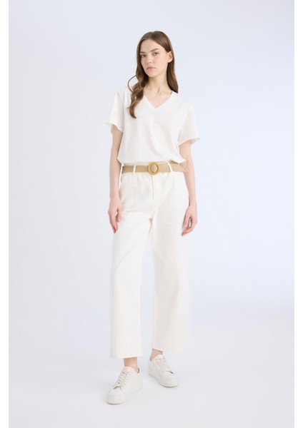 Gabardin Kumaş Pantolon Paperbag Cepli Yüksek Bel Duble Paça Basic Düz Kemerli D3781AX24AU