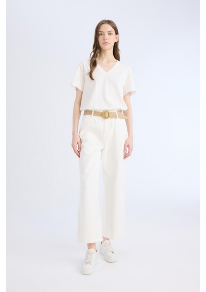 Gabardin Kumaş Pantolon Paperbag Cepli Yüksek Bel Duble Paça Basic Düz Kemerli D3781AX24AU modelleri