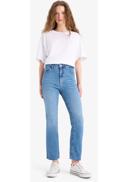 Crop Flare Fit Yüksek Bel Bilek Boy Jean Yıkamalı Pantolon E8018AX25SM