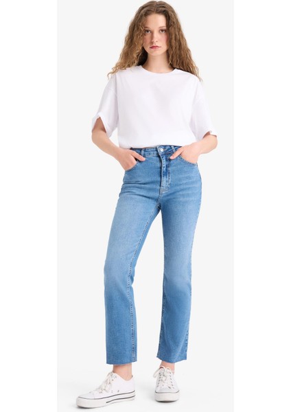 Crop Flare Fit Yüksek Bel Bilek Boy Jean Yıkamalı Pantolon E8018AX25SM fiyatları