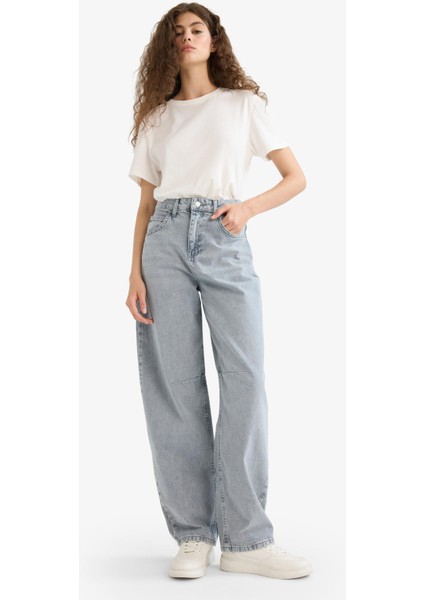 Baggy Fit Yüksek Bel Uzun Jean Yıkamalı Pantolon