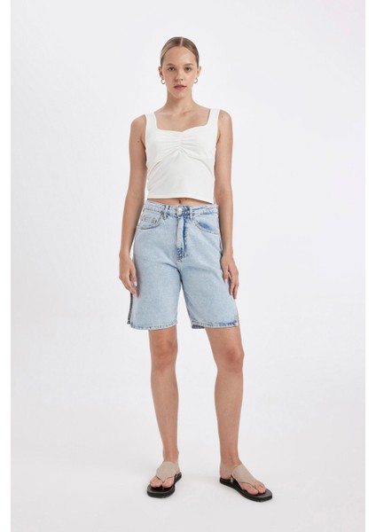 Yüksek Bel Jean Bermuda Şort