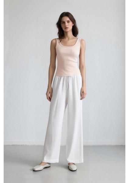 Wide Leg Çift Cepli Yüksek Bel Geniş Paça Beyaz Palazzo Pantolon F2662AX25SM