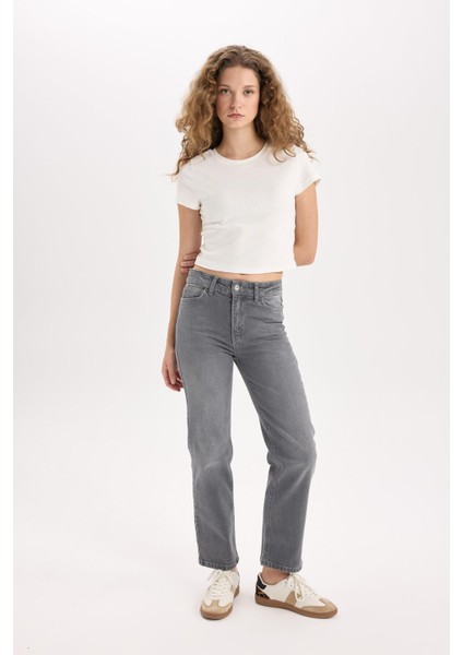 Comfort Straight Yüksek Bel Bilek Boy Jean Yıkamalı Pantolon E3413AXNS