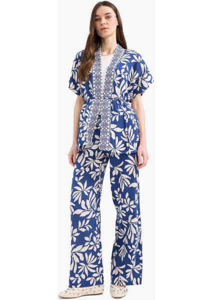 Regular Fit Desenli Cep Detaylı Düz Paça Keten Karışımlı Pantolon E7329AX25SM