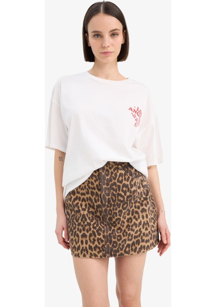 Coool Leopar Desenli Normal Bel Gabardin Mini Etek E4398AX25SP modelleri