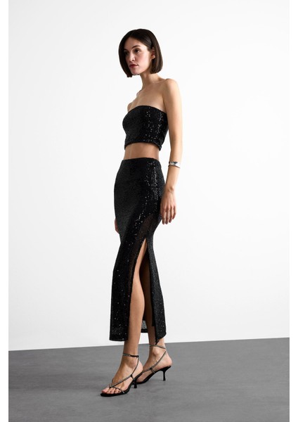Slim Fit Dar Kesim Payetli Yırtmaçlı Midi Etek F8417AX25SM