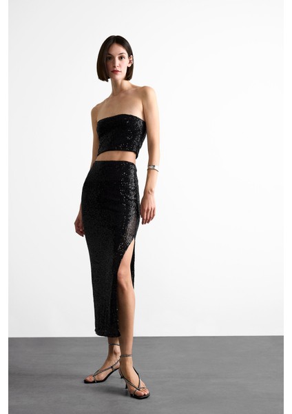Slim Fit Dar Kesim Payetli Yırtmaçlı Midi Etek F8417AX25SM fiyatları