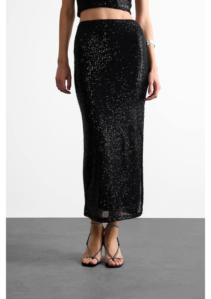 Slim Fit Dar Kesim Payetli Yırtmaçlı Midi Etek F8417AX25SM modelleri