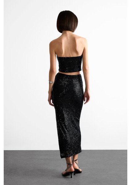 Slim Fit Dar Kesim Payetli Yırtmaçlı Midi Etek F8417AX25SM indirimleri