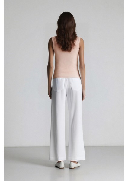Wide Leg Çift Cepli Yüksek Bel Geniş Paça Beyaz Palazzo Pantolon F2662AX25SM