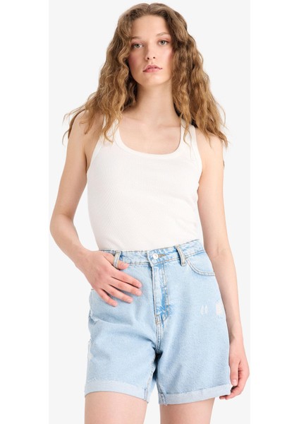 Boyfriend Yüksek Bel Yıkamalı Duble Paça Jean Şort fırsatları