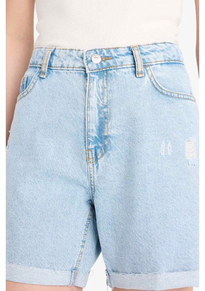 Boyfriend Yüksek Bel Yıkamalı Duble Paça Jean Şort