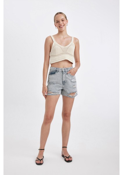 Mom Fit Yüksek Bel Kesik Uçlu Paça Jean Şort B7684AX24HS