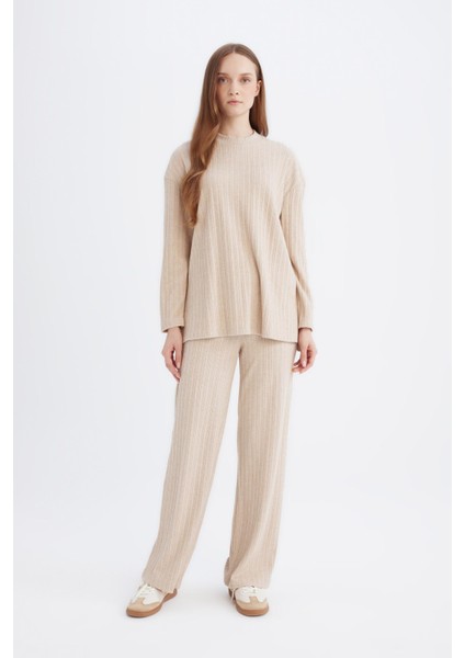 Regular Beli Lastikli Basic Düz Fit Fitilli Kaşkorse Geniş Paça Pantolon D7437AX24WN fiyatları