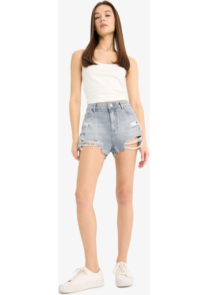 Yüksek Bel Paça Ucu Kesik Jean Şort