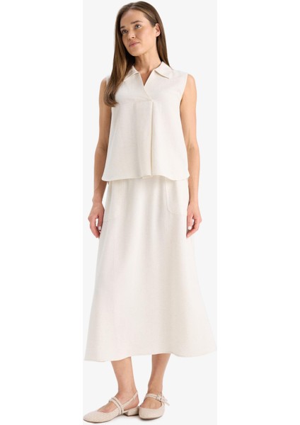 Regular Fit Kargo Cepli Keten Karışımlı Midi Etek F0992AX25HS