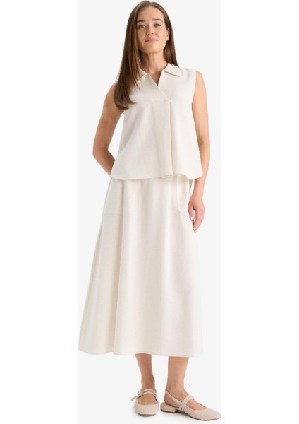 Regular Fit Kargo Cepli Keten Karışımlı Midi Etek F0992AX25HS fırsatları