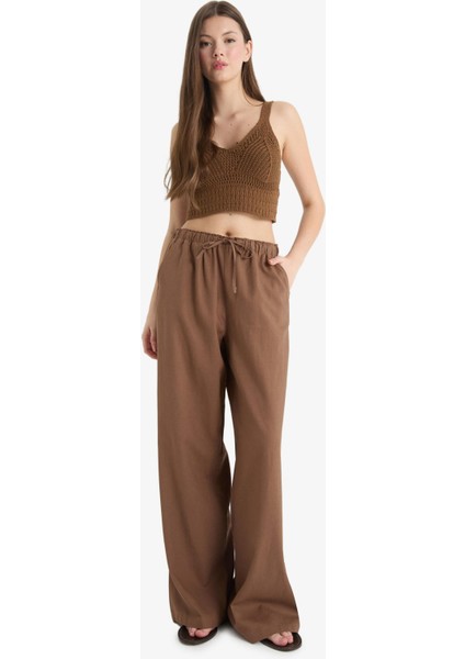 Wide Leg Çift Cepli Beli Lastikli Standart Boy Keten Karışımlı Pantolon E1981AX25SM fiyatları