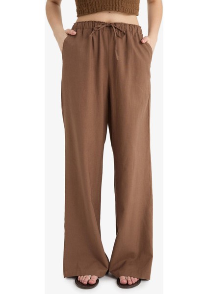 Wide Leg Çift Cepli Beli Lastikli Standart Boy Keten Karışımlı Pantolon E1981AX25SM fırsatları
