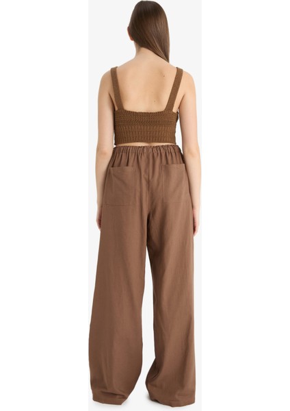 Wide Leg Çift Cepli Beli Lastikli Standart Boy Keten Karışımlı Pantolon E1981AX25SM