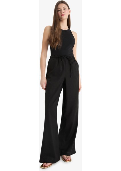 Wide Leg Çift Cepli Beli Lastikli Standart Boy Keten Karışımlı Siyah Pantolon E1981AX25SM