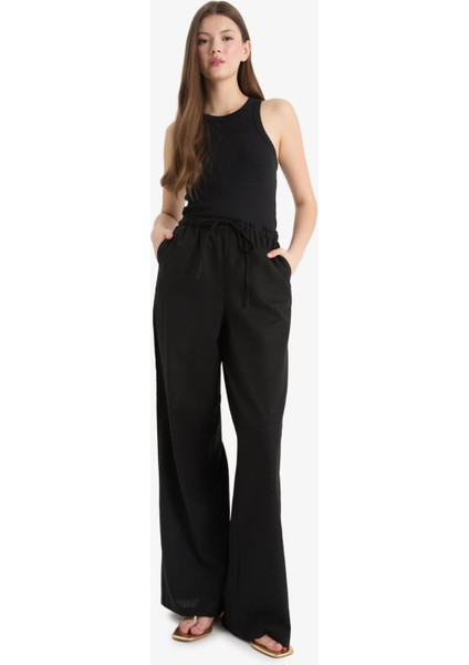 Wide Leg Çift Cepli Beli Lastikli Standart Boy Keten Karışımlı Siyah Pantolon E1981AX25SM fiyatları