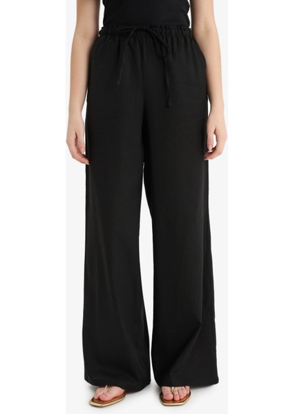 Wide Leg Çift Cepli Beli Lastikli Standart Boy Keten Karışımlı Siyah Pantolon E1981AX25SM fırsatları