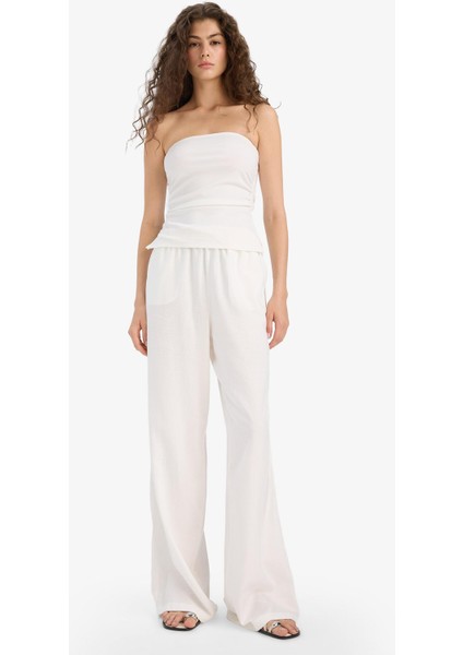 Wide Leg Çift Cepli Beli Lastikli Standart Boy Keten Karışımlı Beyaz Pantolon E1981AX25SM