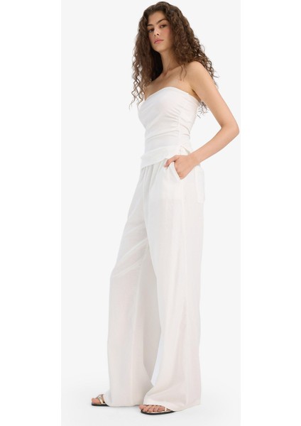 Wide Leg Çift Cepli Beli Lastikli Standart Boy Keten Karışımlı Beyaz Pantolon E1981AX25SM fiyatları