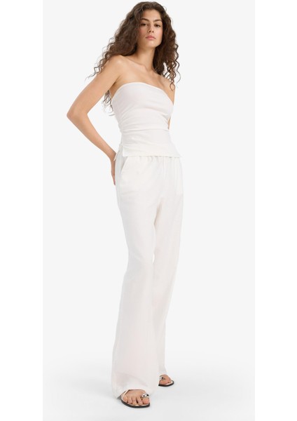 Wide Leg Çift Cepli Beli Lastikli Standart Boy Keten Karışımlı Beyaz Pantolon E1981AX25SM modelleri